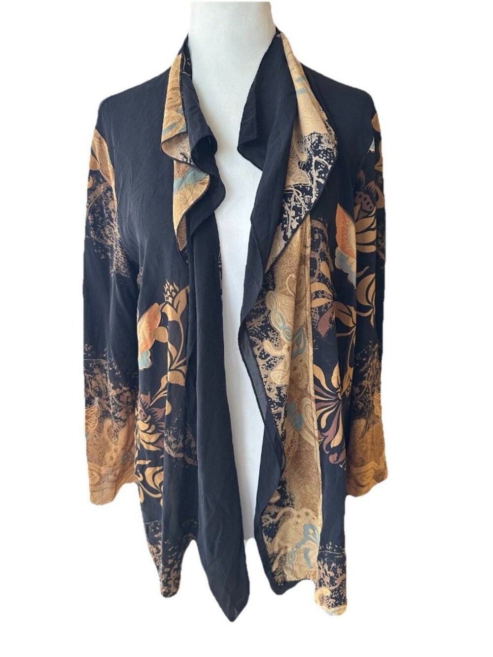Citron Santa Monica Silk Kimono Duster M Art to Wear Floral Butterfly Open Front